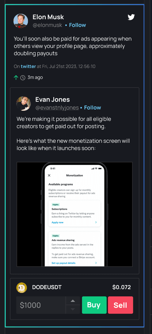 TweetStream alert embedded inside a trading terminal interface