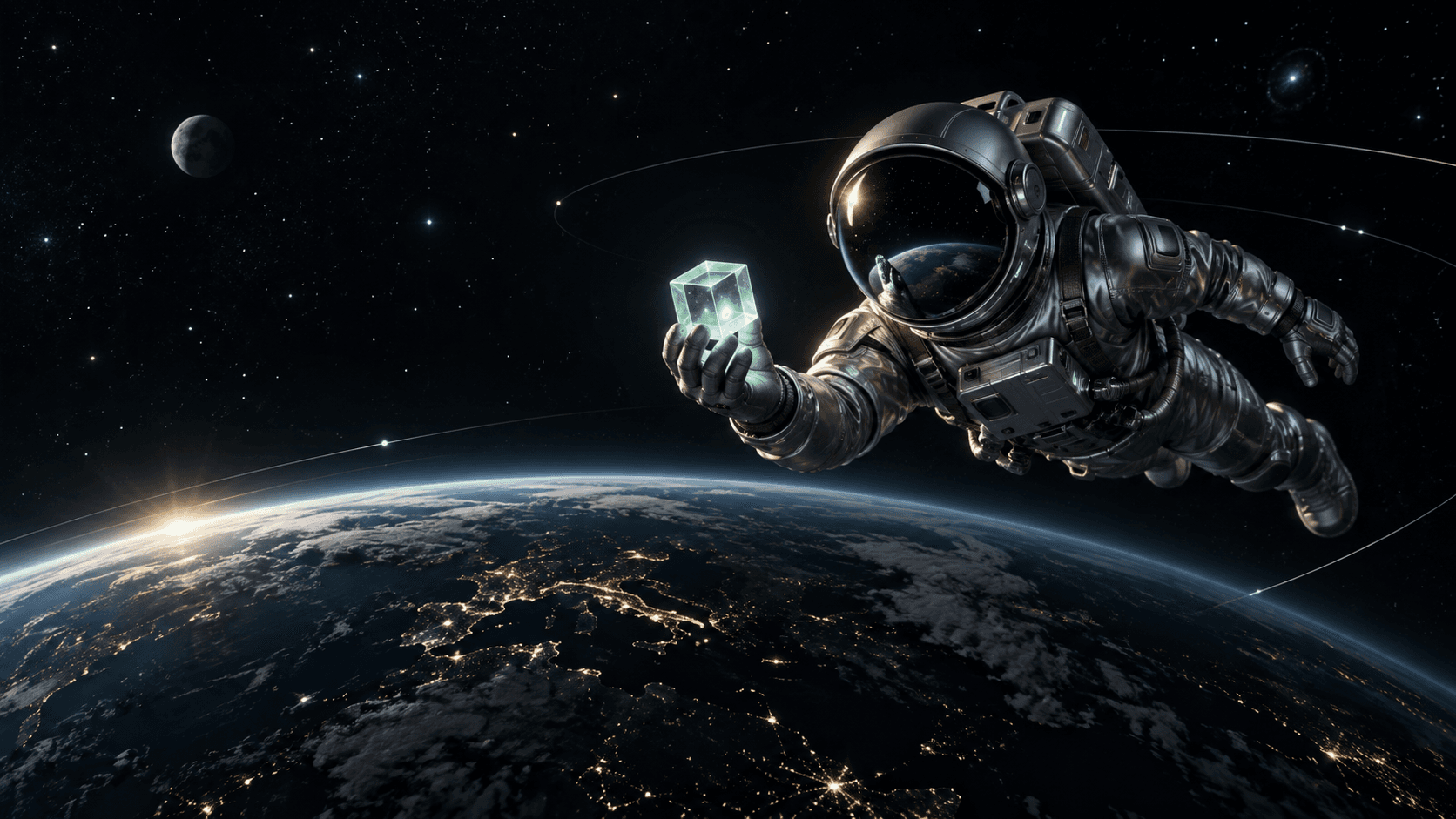 Illustration of an astronaut holding a green cube above Earth.